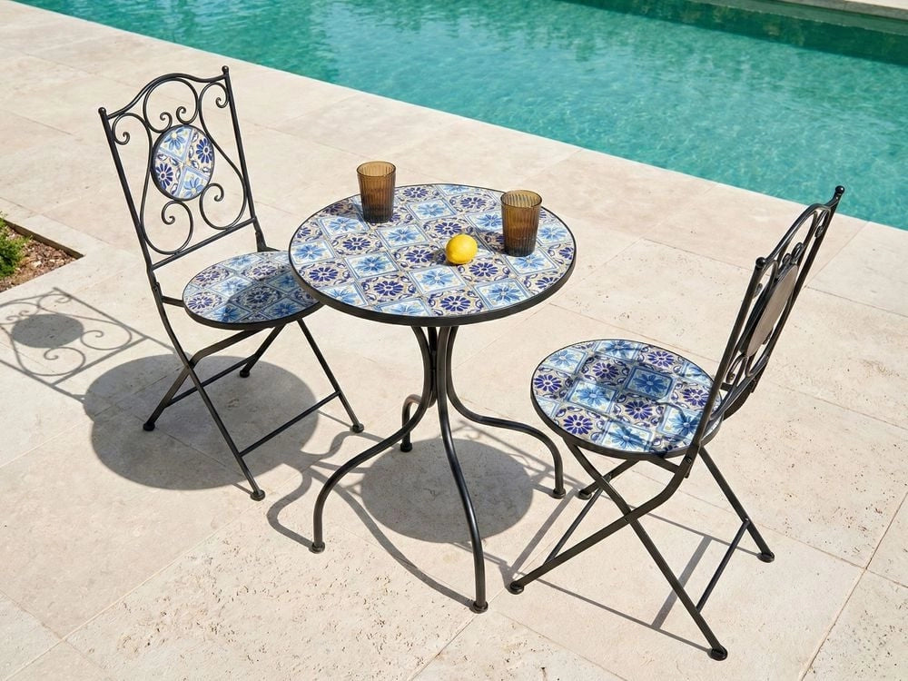 Tavolo da bistrot da giardino in metallo nero con struttura in ferro ø 60 cm e piano a mosaico stile vintage da esterno