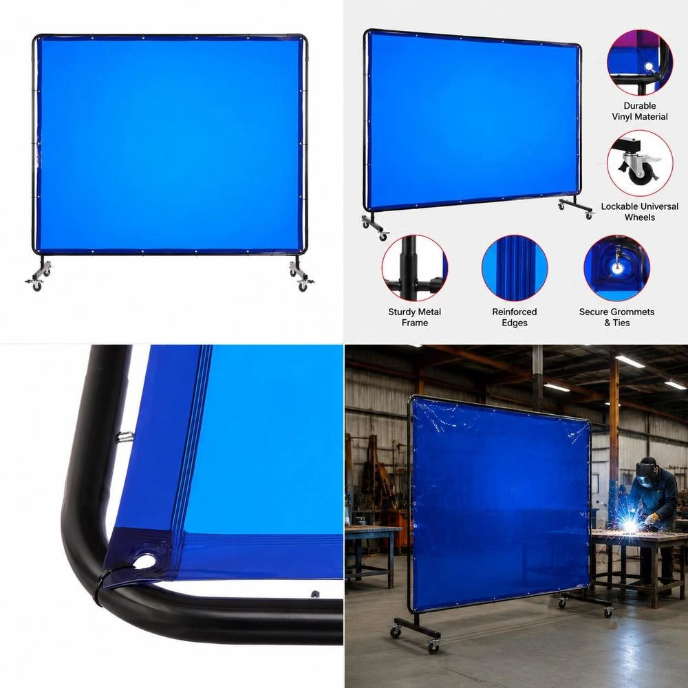 Welding Screen With Frame, 6 X 8 FT Welding Curtain Screen, Flame-Resistant Vinyl Safety Protection Screens With Lockable Swivel Wheels & 6-Level UV Protection For Workshop/Industrial Use, Blue