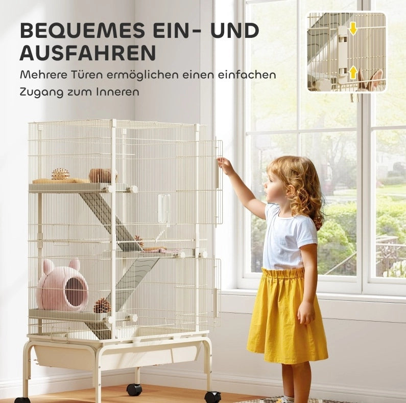 Gabbia per piccoli animali ULEVR a 4 livelli con 3 piattaforme, rampe, ruote e accessori, beige