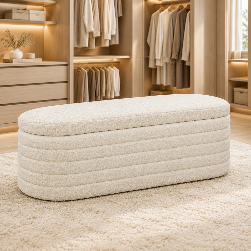 Panca contenitore imbottita 116x41x40,5 cm in poliestere bianco crema