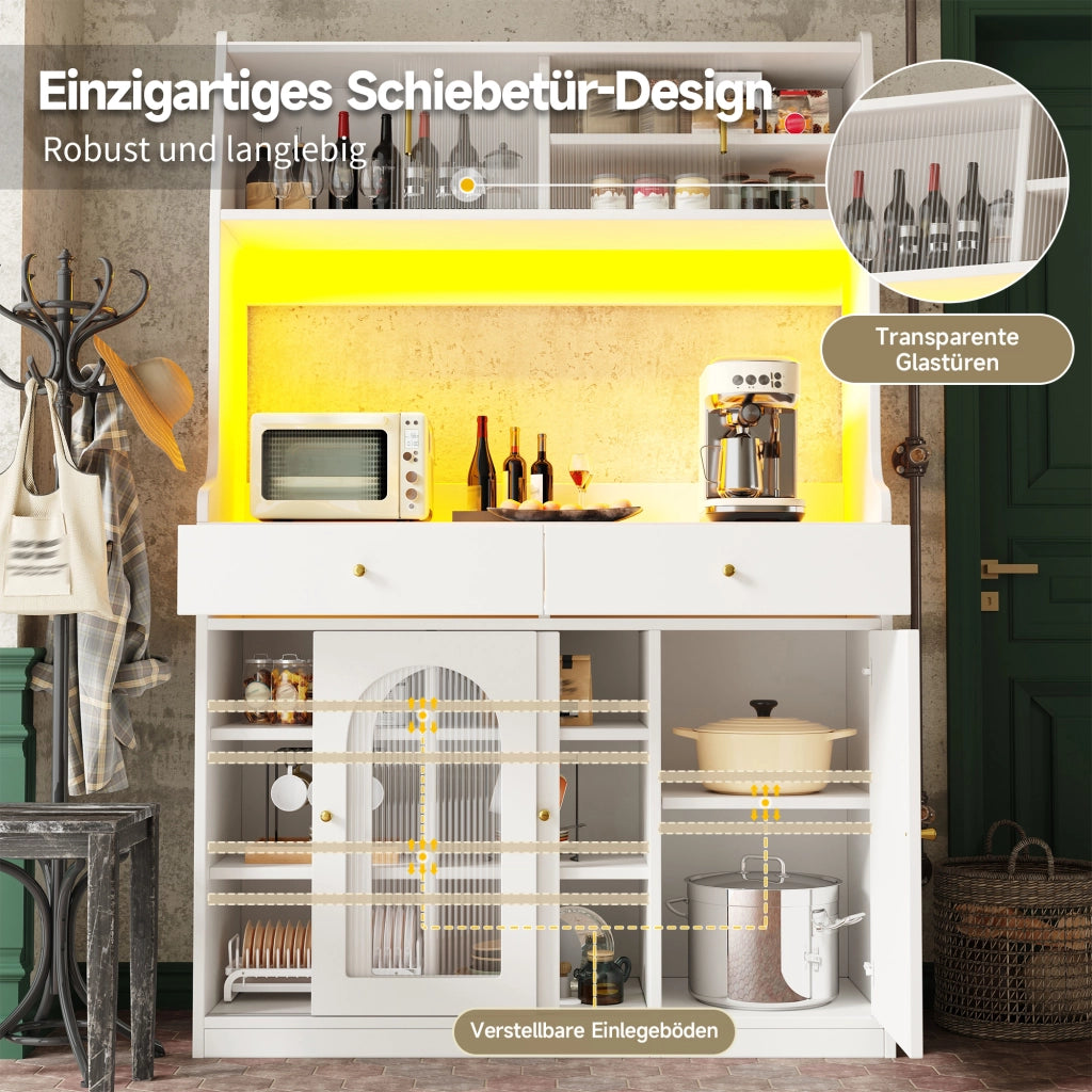 Mobile colonna da cucina con ante scorrevoli in vetro LED regolabili e 2 cassetti bianco 120 × 40 × 180 cm