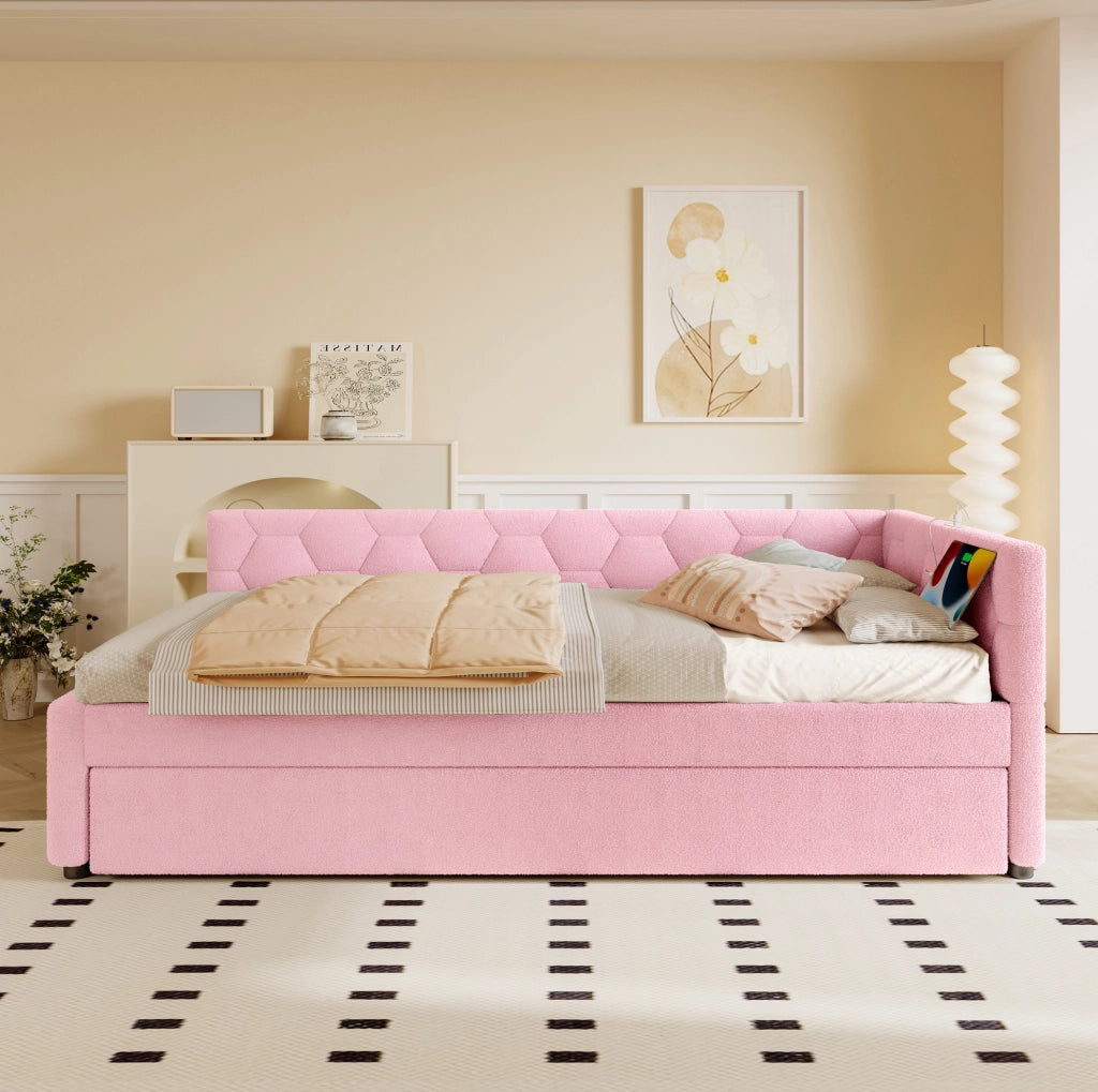 LETTO 90x200 cm in Bouclé Rosa con letto estraibile, USB e Tipo-C