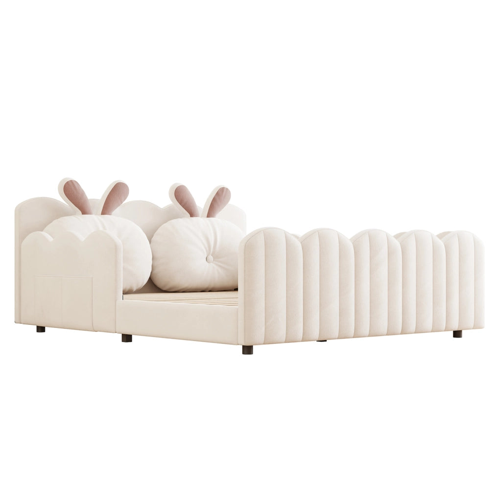 Letto a piattaforma imbottito 140x200 cm con cuscino a coniglio; beige