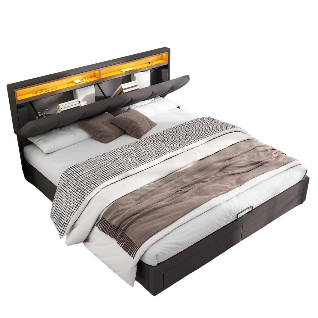 Letto imbottito matrimoniale 160x200 cm con LED; rete a doghe; contenitore; grigio scuro in lino e acciaio