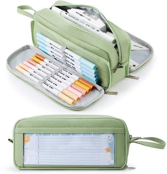 Etui con 3 compartimenti, con grande capacità, adatto per scuola e ufficio.