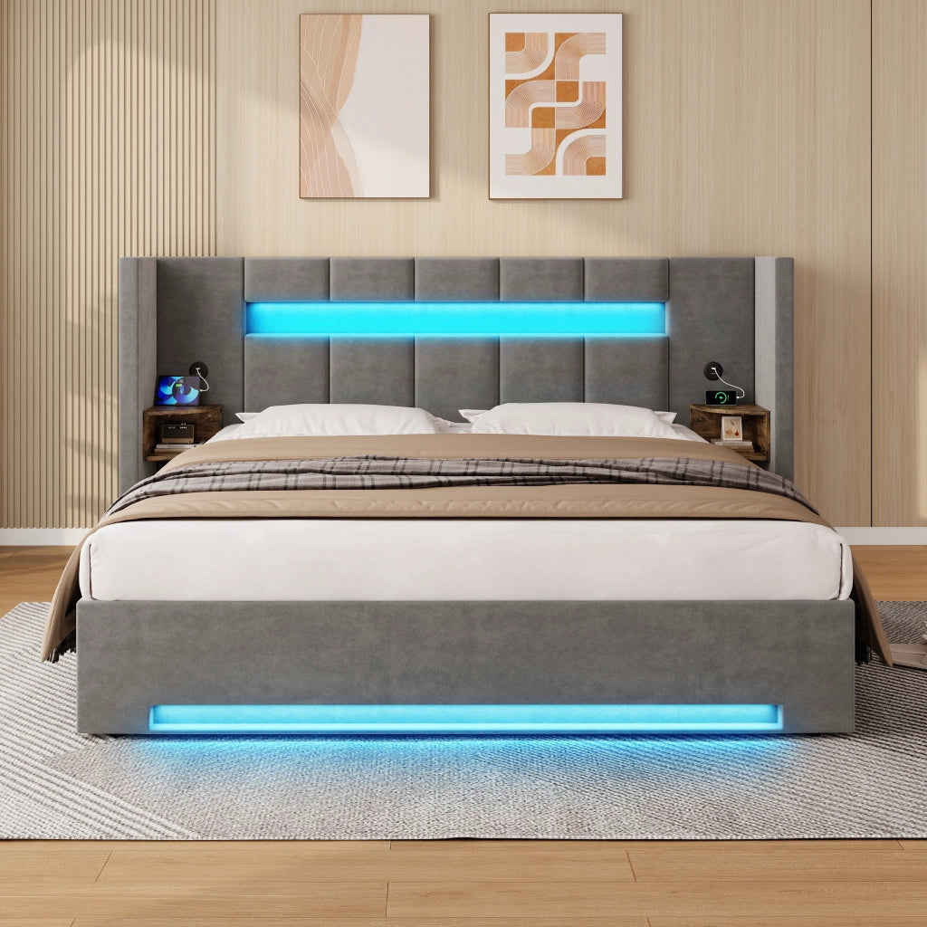Letto matrimoniale 160 × 200 cm con vano idraulico, LED, USB e armadietti, senza materasso, velluto grigio scuro