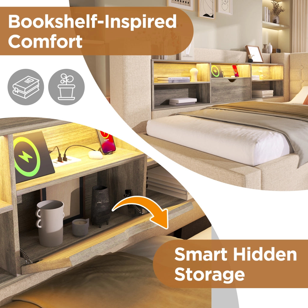 Letto singolo 90 × 200 cm con contenitore idraulico; LED regolabile e USB; materasso incluso; beige