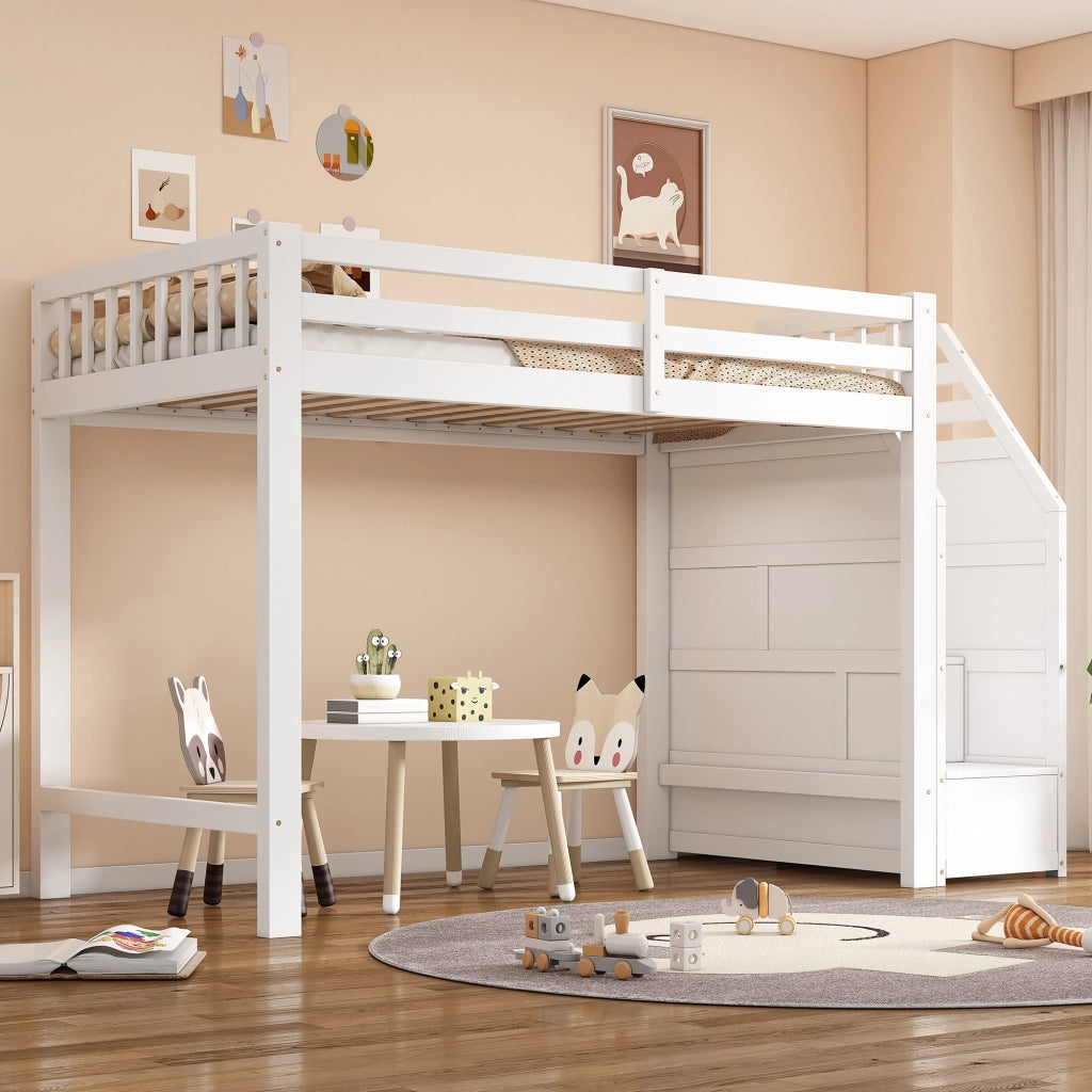 Letto a Soppalco 90x200 cm - Scala Contenitore; Parapetto - in MDF e Legno - Bianco