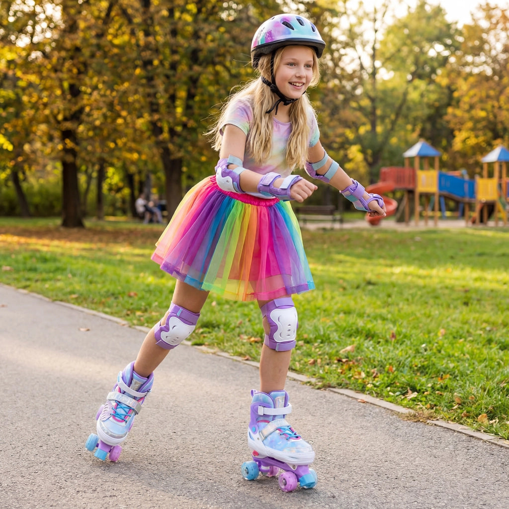 Pattini a rotelle per bambina con diversi strati protettivi e 4 ruote luminose con freno, Pattini a rotelle regolabili in 4 taglie Blu L