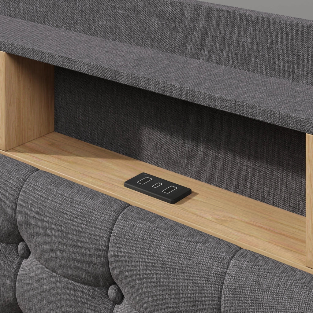 Letto matrimoniale imbottito 180x200 cm in lino grigio con LED; contenitore idraulico e USB-C HOMVRA
