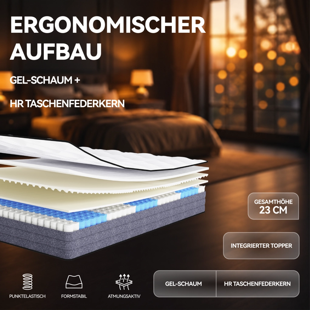 Matratze 140x200 cm H3 mit 7-Zonen-Taschenfederkern, 1000 Federn, Lyocell-Bezug, 20 cm Höhe