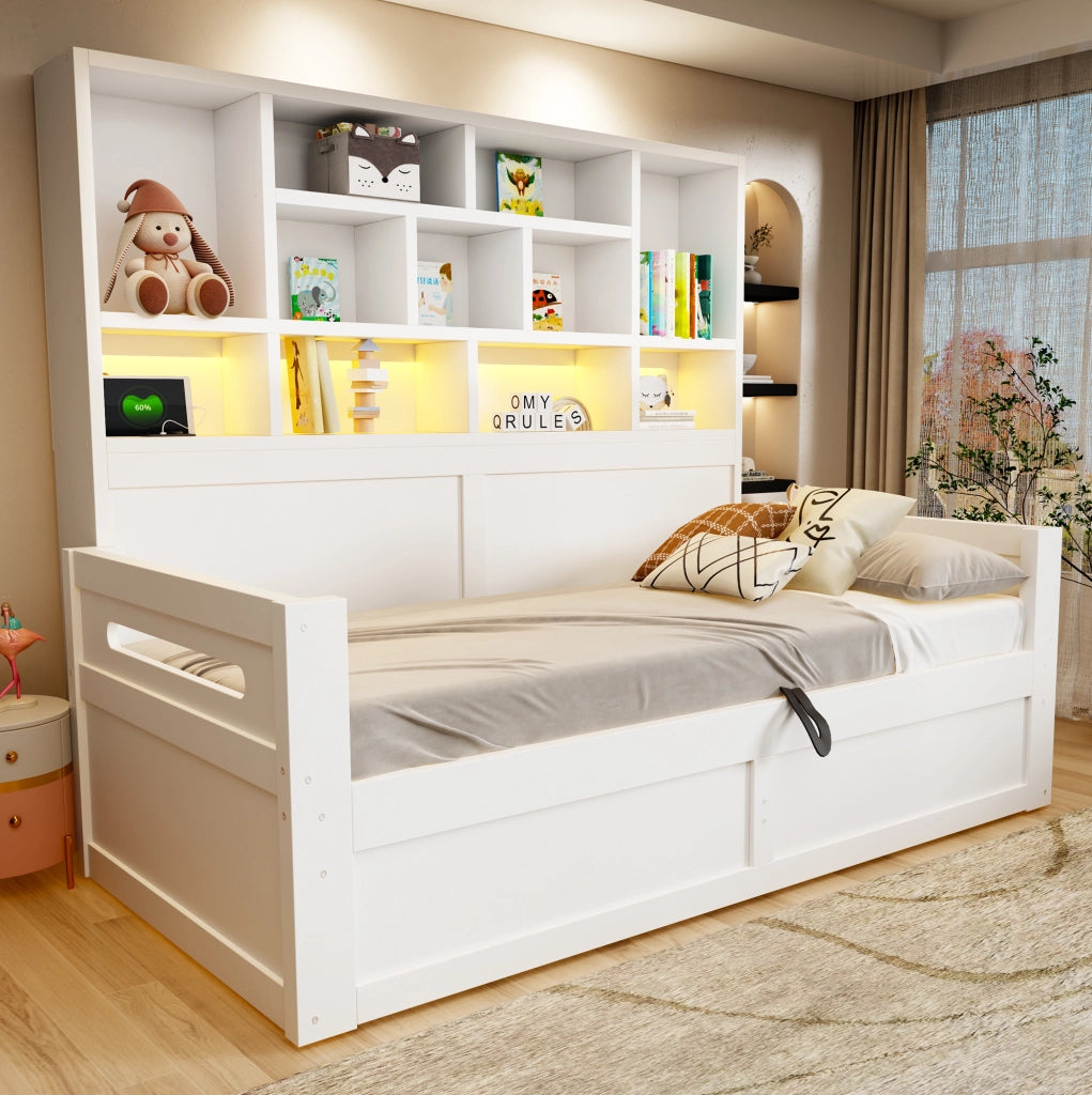 Letto singolo 90x200 cm con vano idraulico; LED e prese; MDF bianco