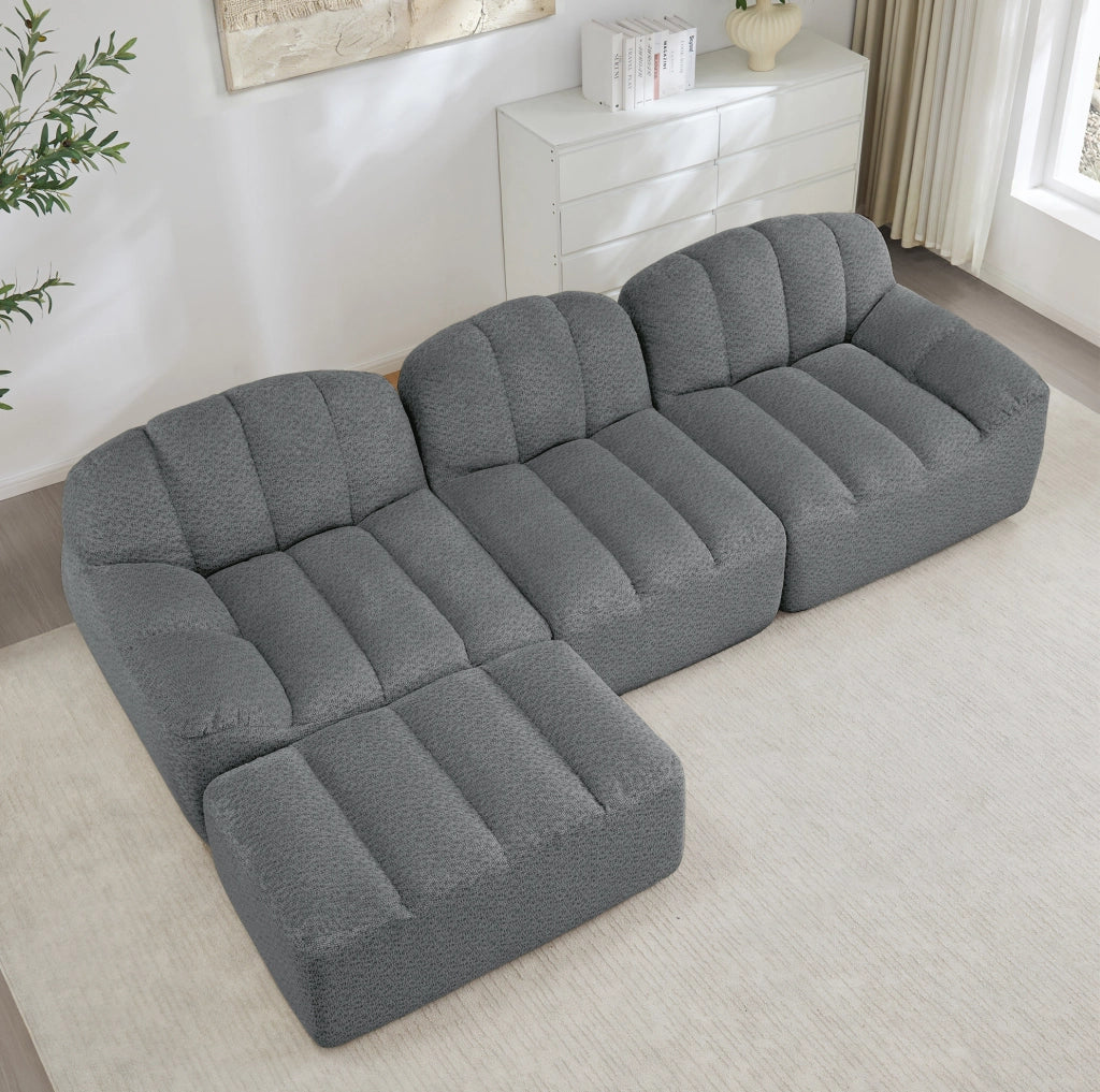 Divano modulare angolare a 3 posti con pouf, schiuma ad alta densità 32D, rivestimento in fleece granulato grigio