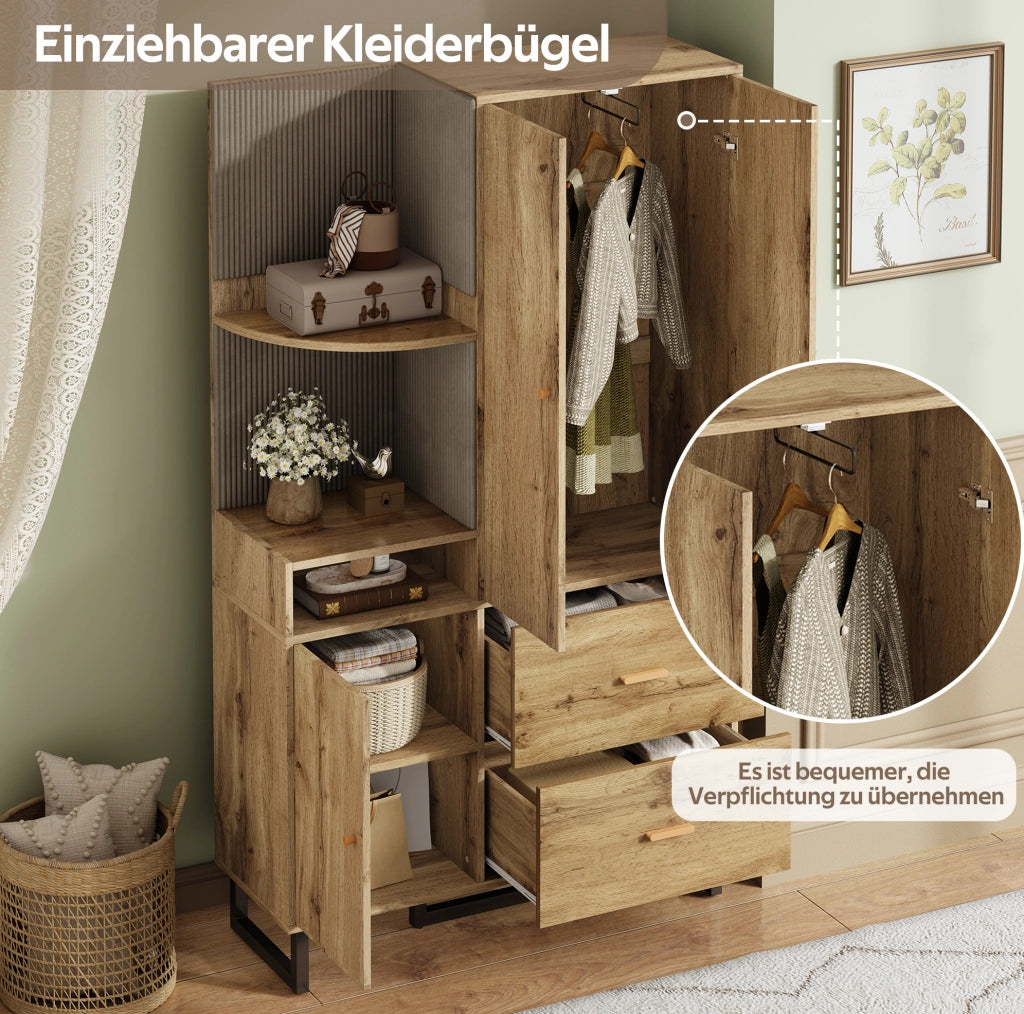 Guardaroba compatto con pannelli imbottiti in MDF, 110x186x38 cm, legno e nero