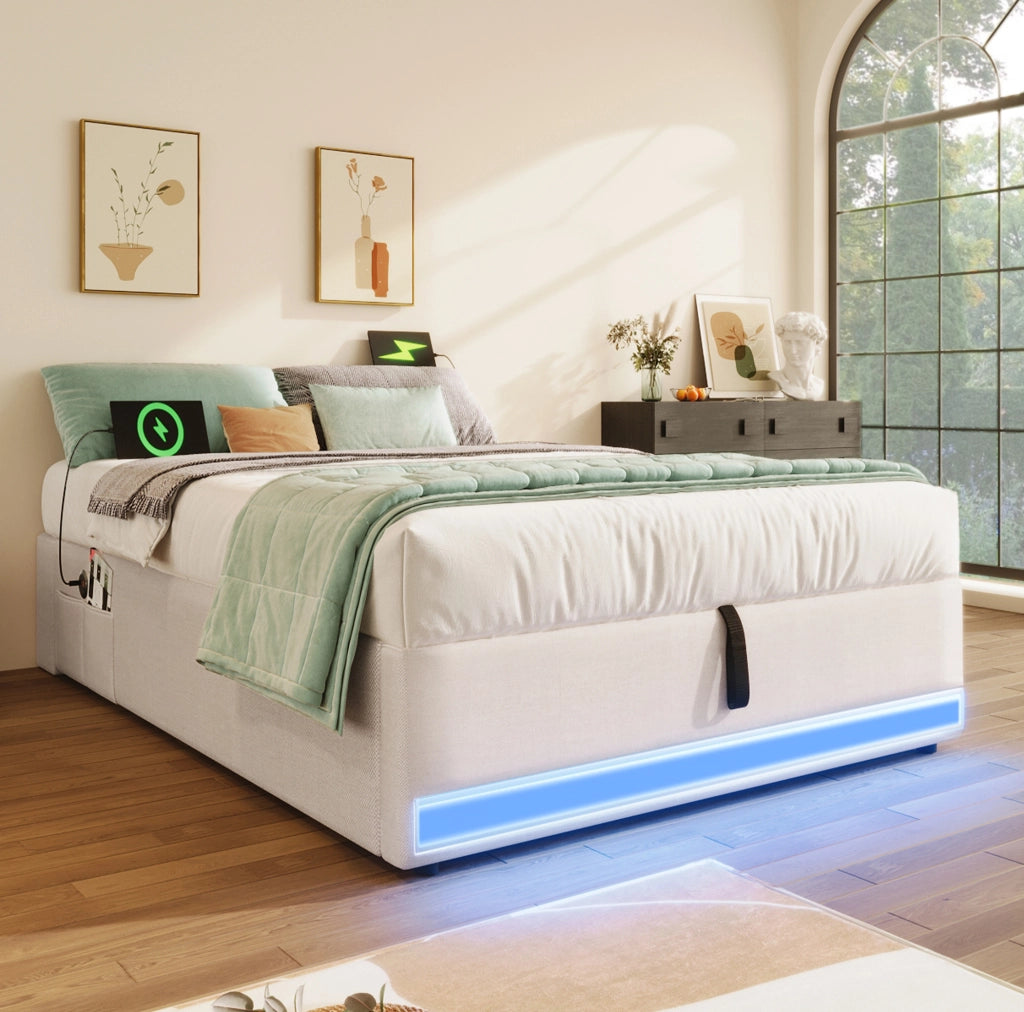 Letto imbottito 90x200 cm beige con LED, USB/Type-C e vano contenitore