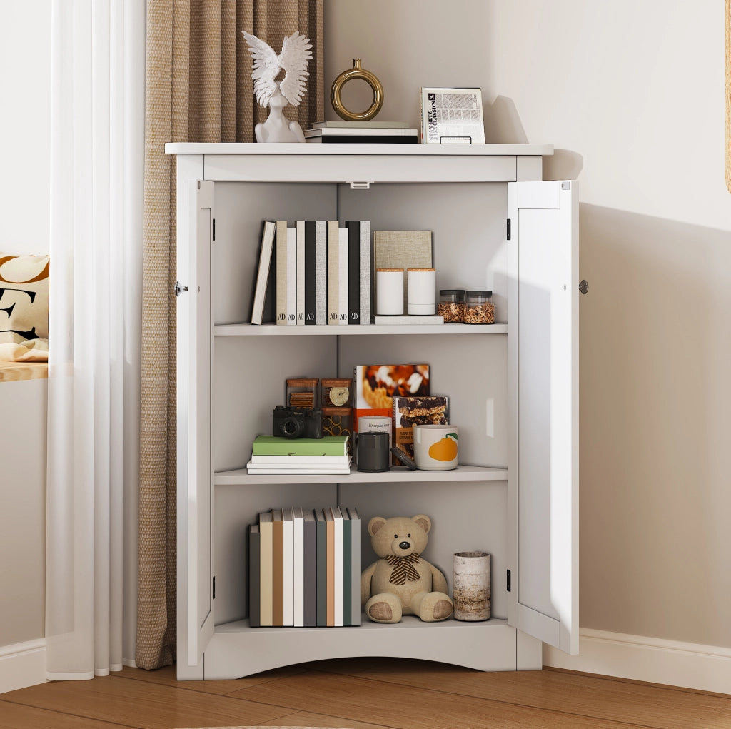 Mobile Armadietto Angolare Bianco per Bagno con 2 Ante e 3 Ripiani in MDF Laccato 61,5x80 cm