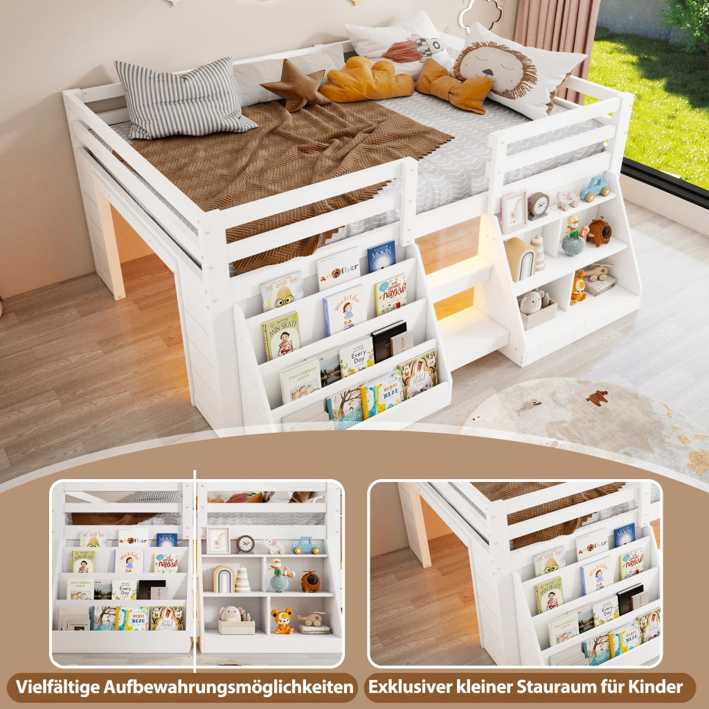 Letto a Soppalco 140x200 cm in legno di pino con LED; Ripiani; Sponde di Sicurezza Bianco