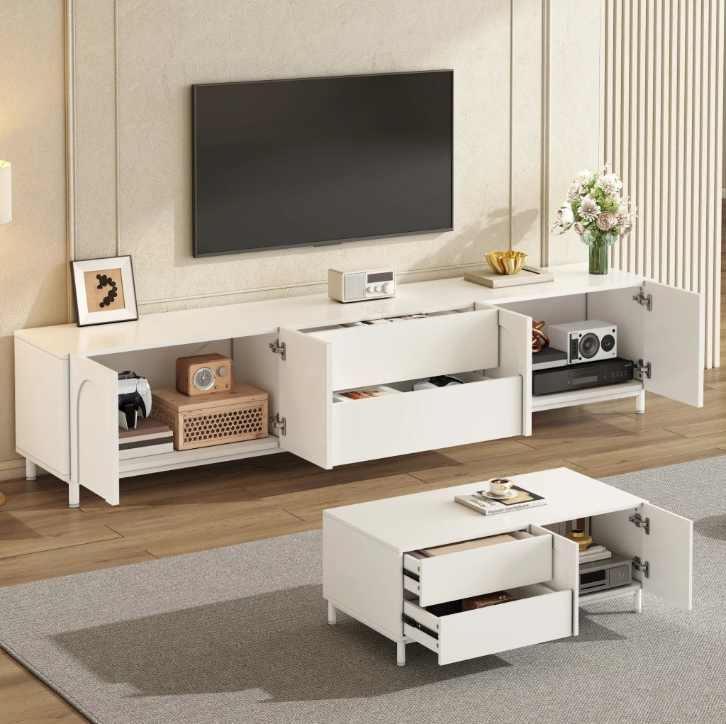 Set mobili soggiorno con mobile TV 180 cm e tavolino 100 cm bianco HOMVRA