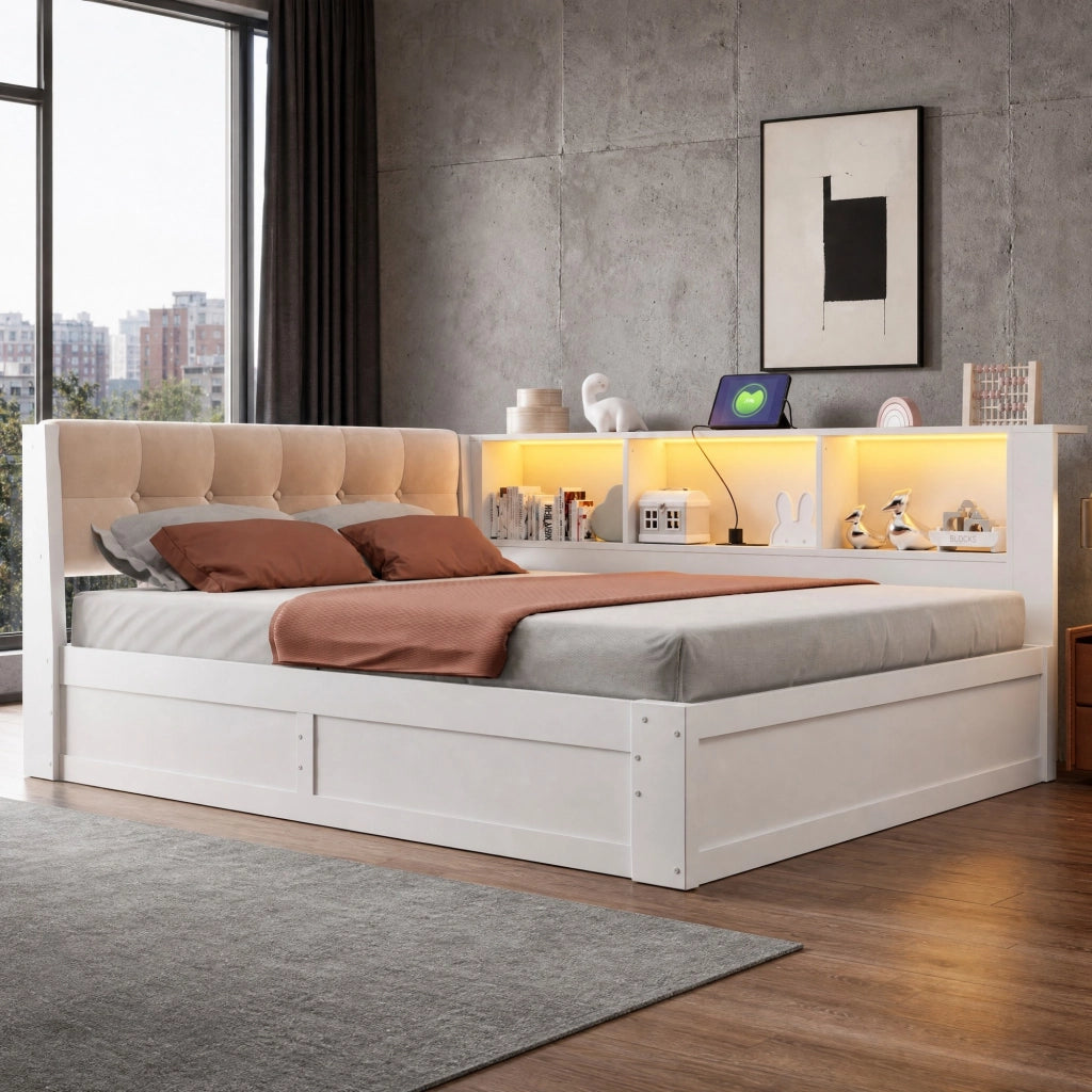 Letto daybed 140x200 cm con contenitore idraulico; LED dimmerabile e porta USB bianco HOMVRA