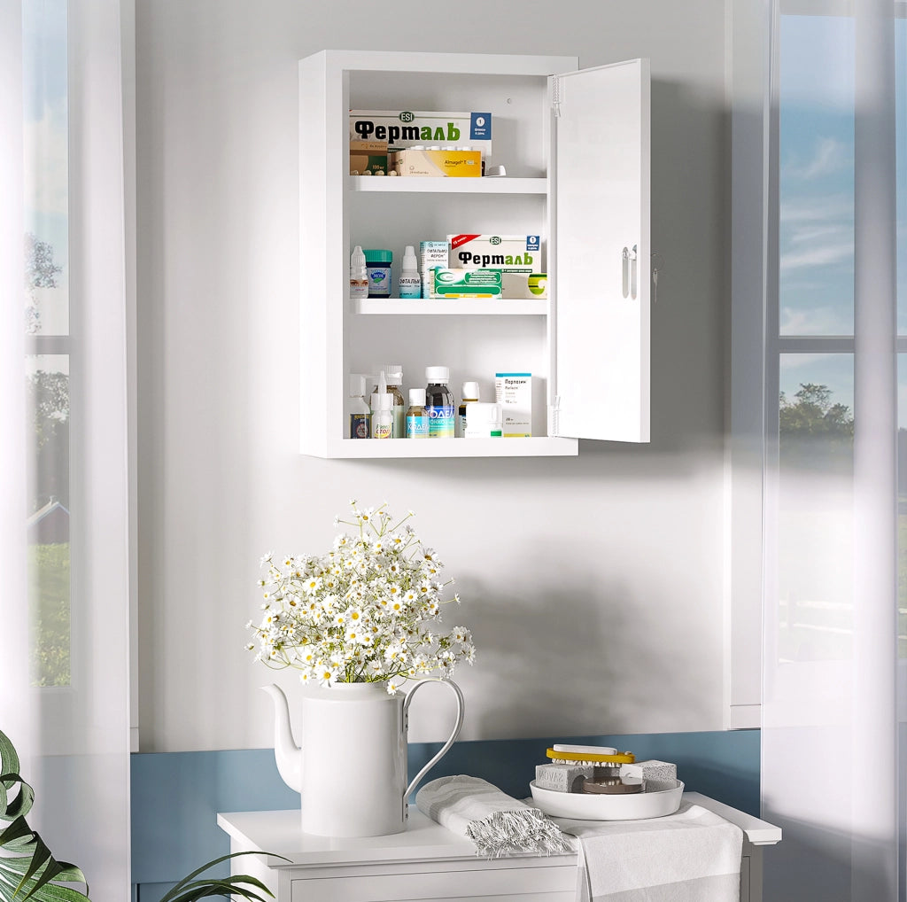 Armadietto per medicinali ULEVR 30x14x46 cm in acciaio bianco, 3 ripiani, chiudibile a chiave