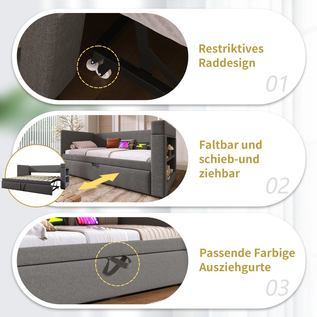 Letto con letto estraibile 90 × 190 cm con USB e Type-C portabevande braccioli reversibili cotone e lino grigio