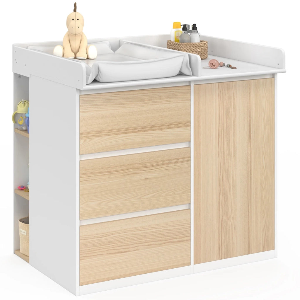 IDMarket - Comodino fasciatoio evolutivo AMBRE in finitura faggio e bianco, con 3 cassetti, 1 cesto per la biancheria, fasciatoio e 2 ripia