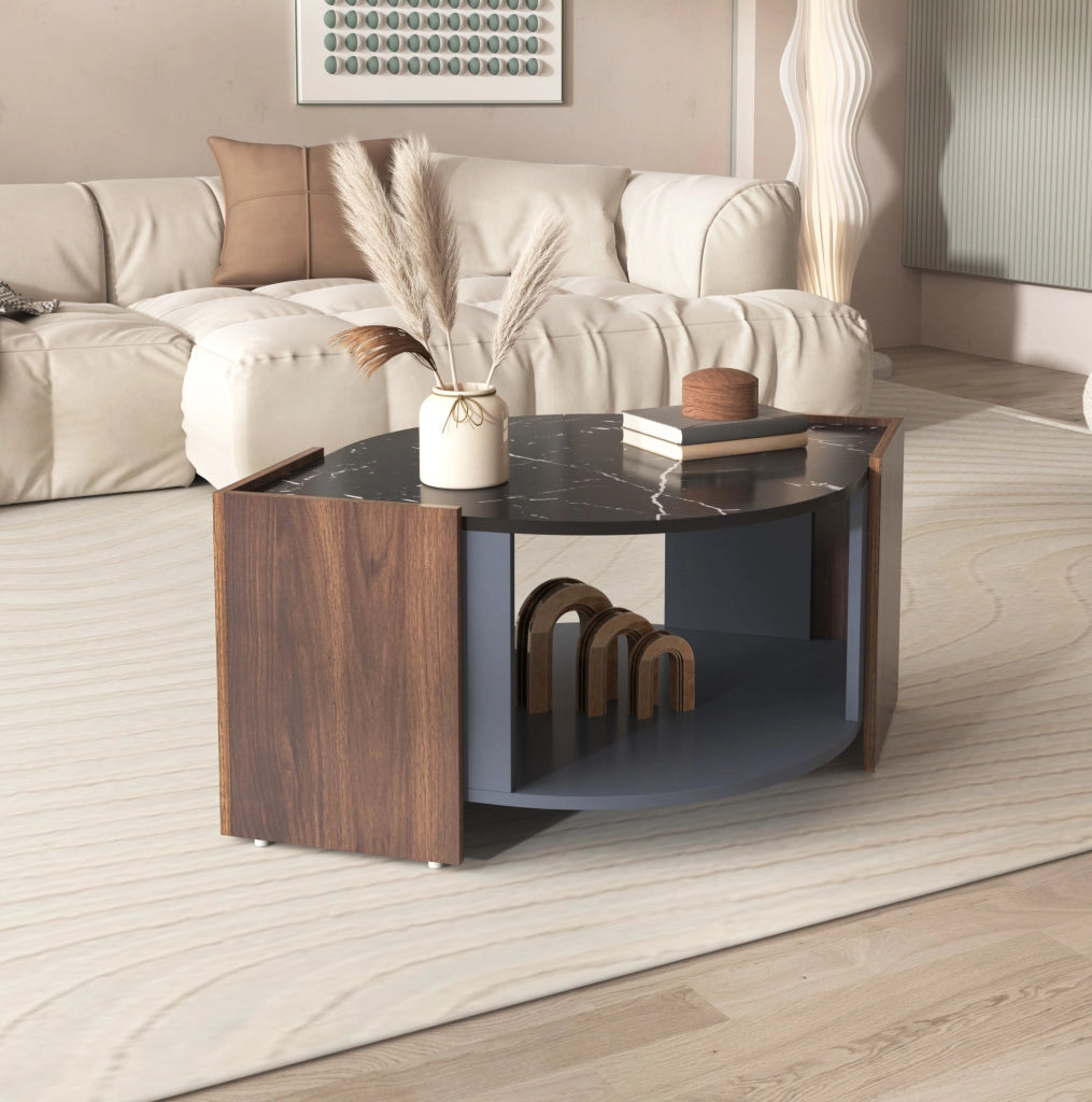 Tavolino da soggiorno con vano contenitore 96;5x63x40 cm; effetto marmo nero e noce