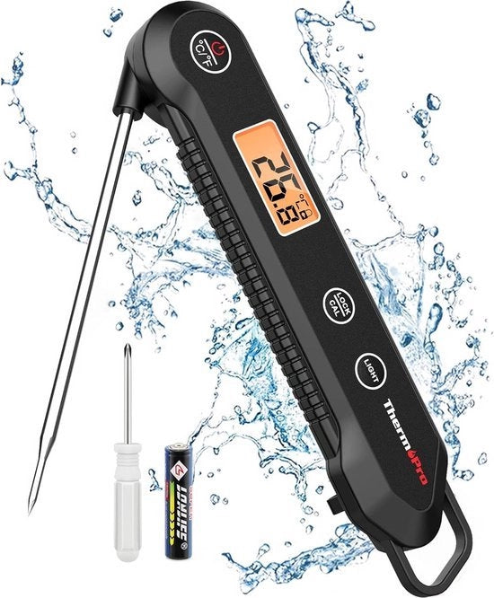 Termometro per carne a lettura diretta con sonde di temperatura pieghevole IPX6 impermeabile all'acqua - calibrazione - blocco di sicurezza - termometro per cottura - pentola a soffiatore per aria calda - barbecue - forno.