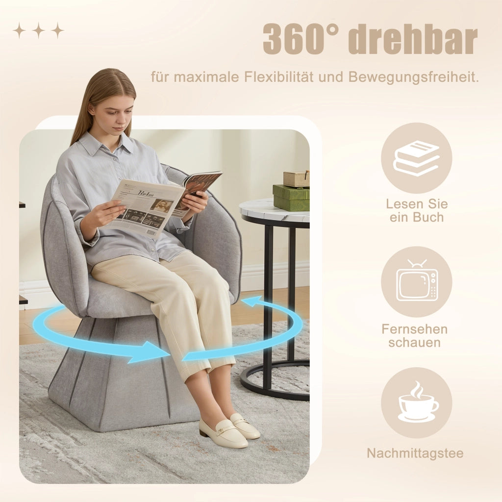 Poltrona girevole 360° con schienale alto e braccioli ergonomici per soggiorno e camera in ciniglia grigia