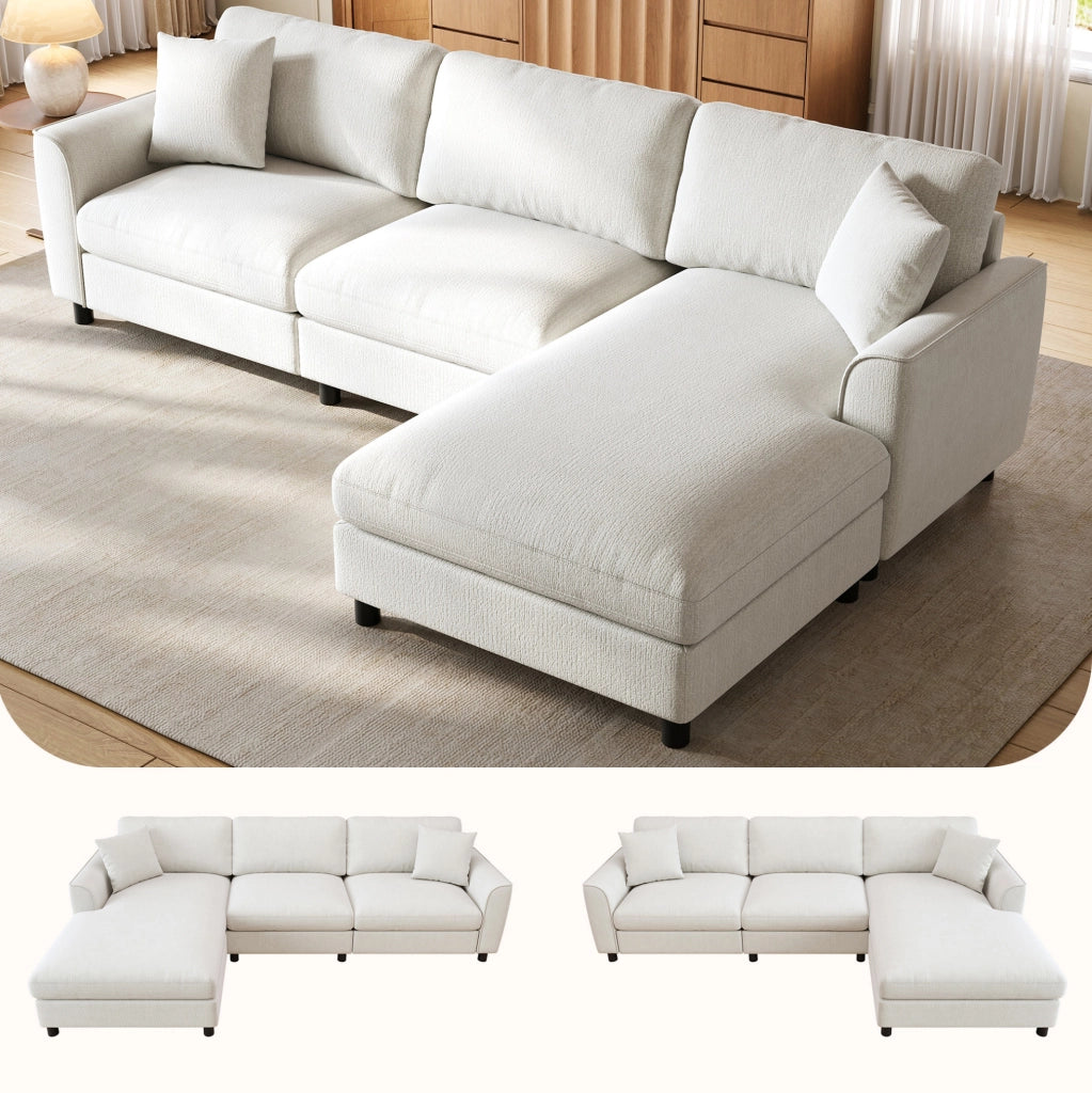 Divano angolare modulare beige in chenille con letto largo 90 cm e struttura in legno e metallo, 256×137×79 cm