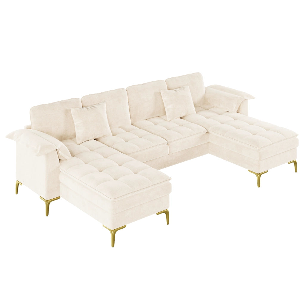 Divano angolare a U modulare 4 posti in ciniglia beige con 2 chaise longue