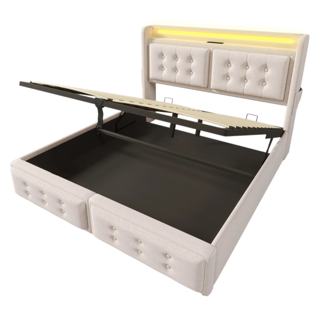 Letto contenitore 140x200 cm beige in tessuto misto cotone e lino con vano sotto la rete; LED; USB e USB-C