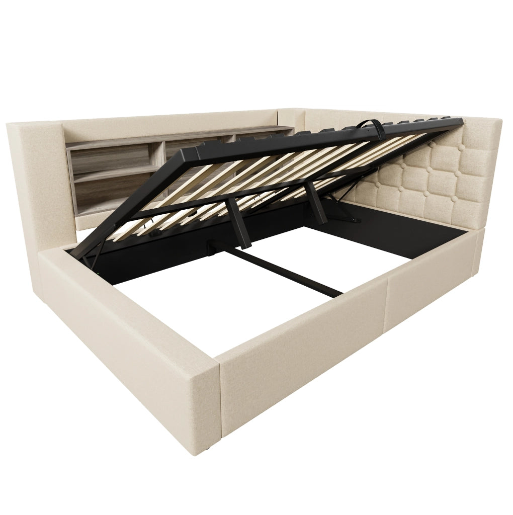 Letto Polsterato 140x200 cm con Illuminazione LED, Contenitore Idraulico e Testiera a L Montabile a Destra o Sinistra, Tessuto in Lino Beige (Senza Materasso)