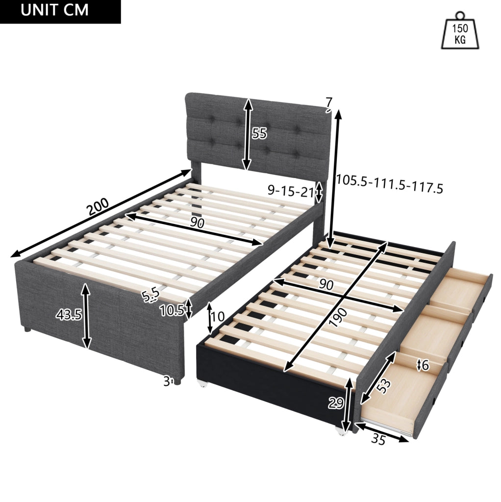 Letto singolo imbottito 90x200 cm con letto estraibile e 3 cassetti; lino e MDF grigio