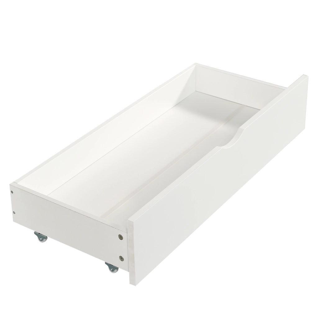Letto a castello 90x200 e 140x200 cm con 2 cassetti; finestre e scaffali; bianco e naturale