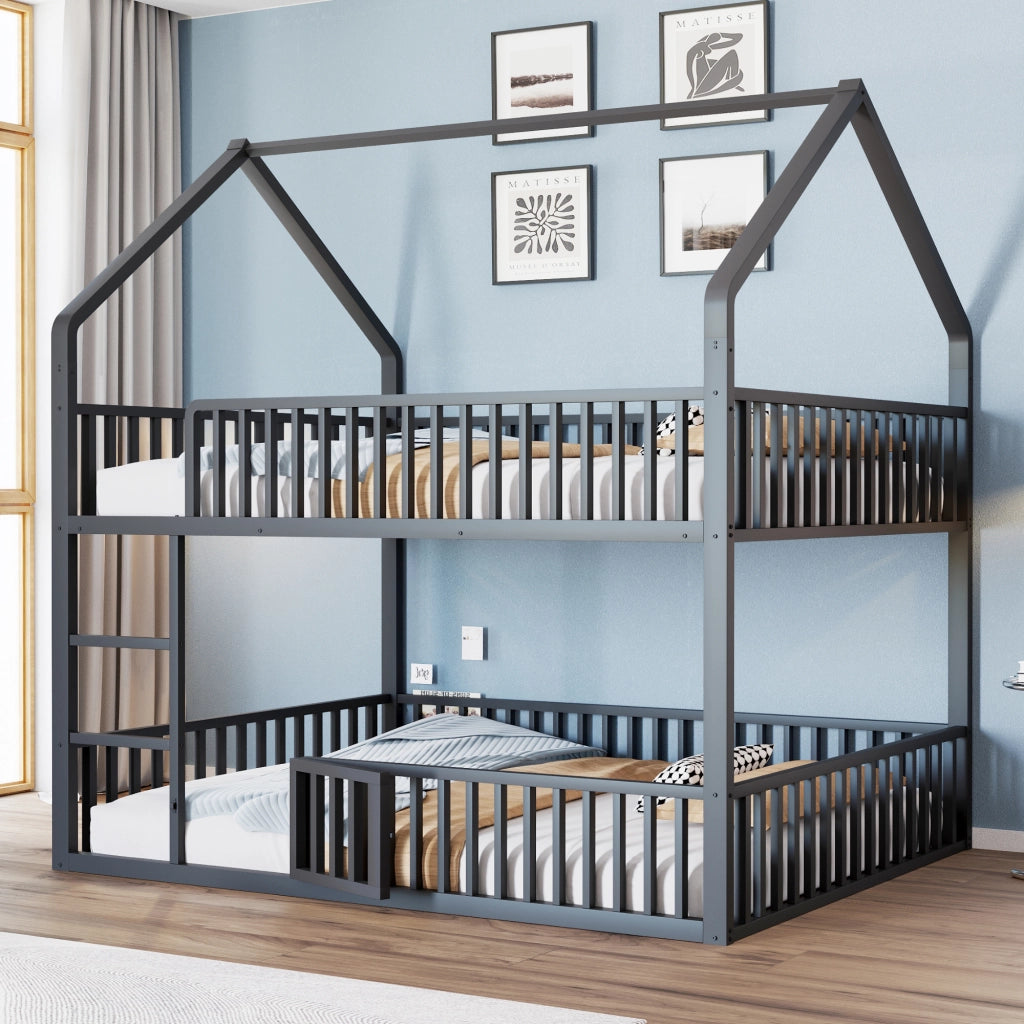 Letto a castello 140 × 200 cm 2 posti con scala frontale e porta apribile; senza materasso; in metallo nero