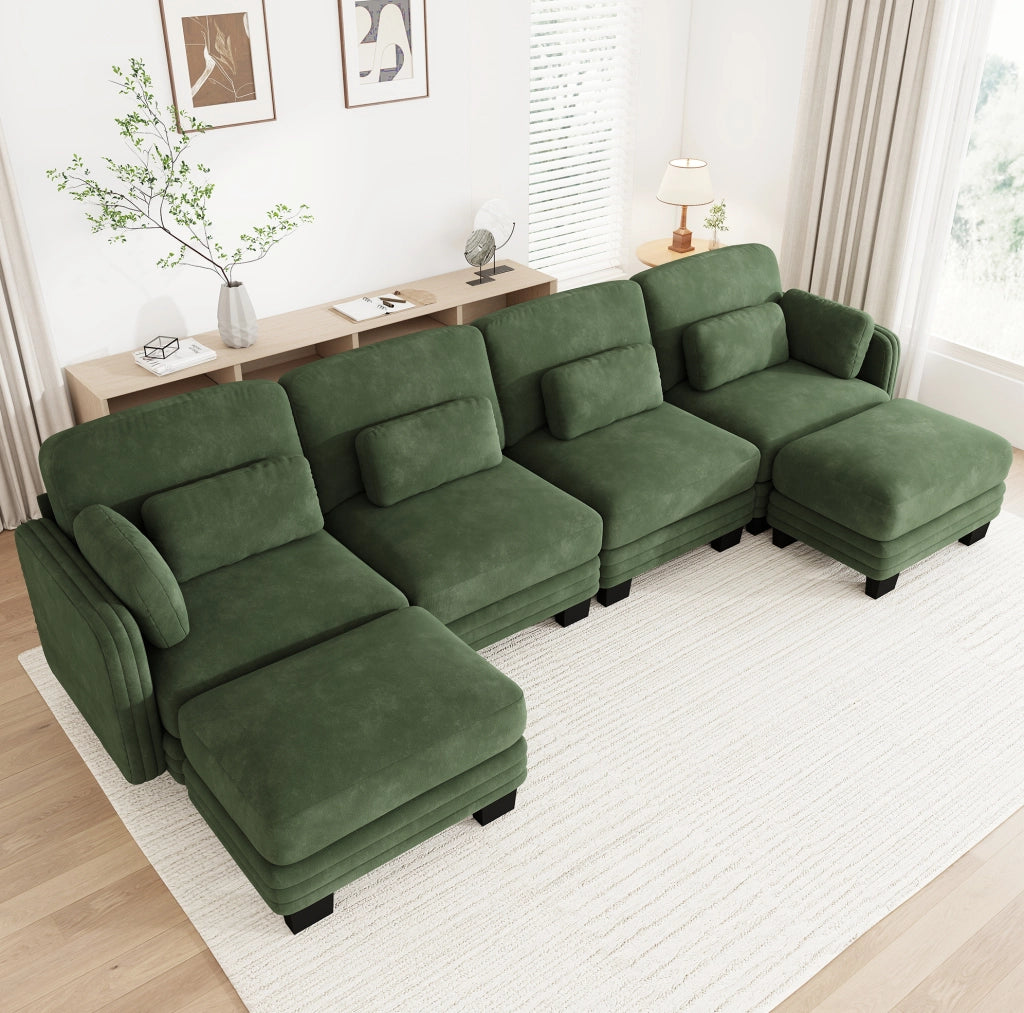 Divano modulare a U in chenille verde, 330x143x88 cm, con cuscini mobili e pouf