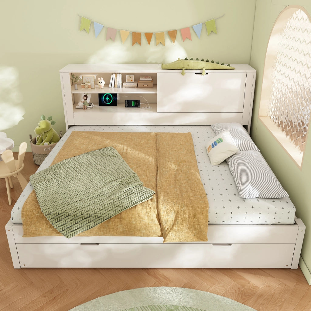 Divano letto matrimoniale 140x190 con letto estraibile 90x190; schienale contenitore e porte USB; struttura letto bianco