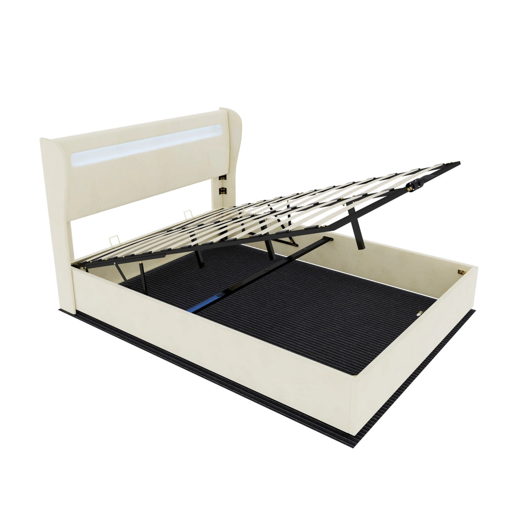 Letto matrimoniale LED 160x200 cm beige con contenitore e materasso