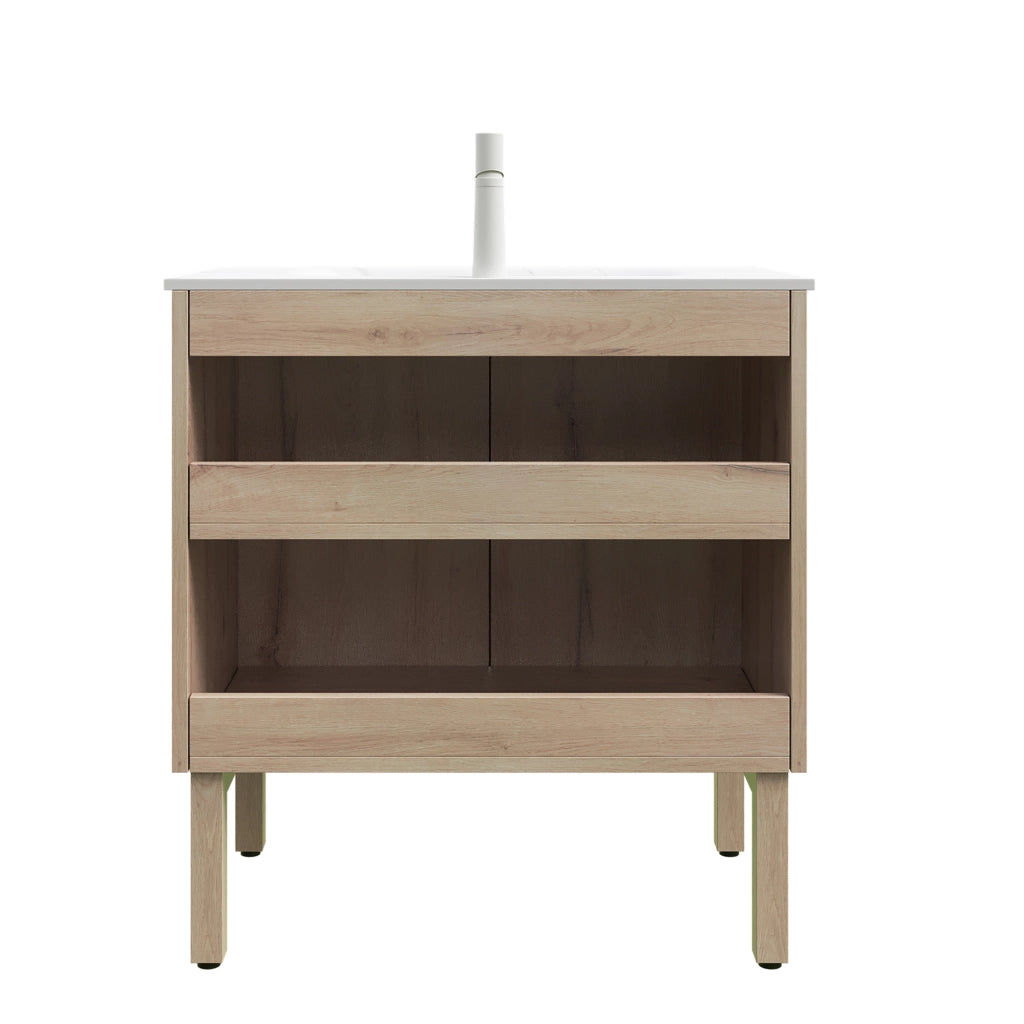 Mobiletto con lavabo a terra due ante e ripiano regolabile pietra sinterizzata bianca rovere bianco 80 cm