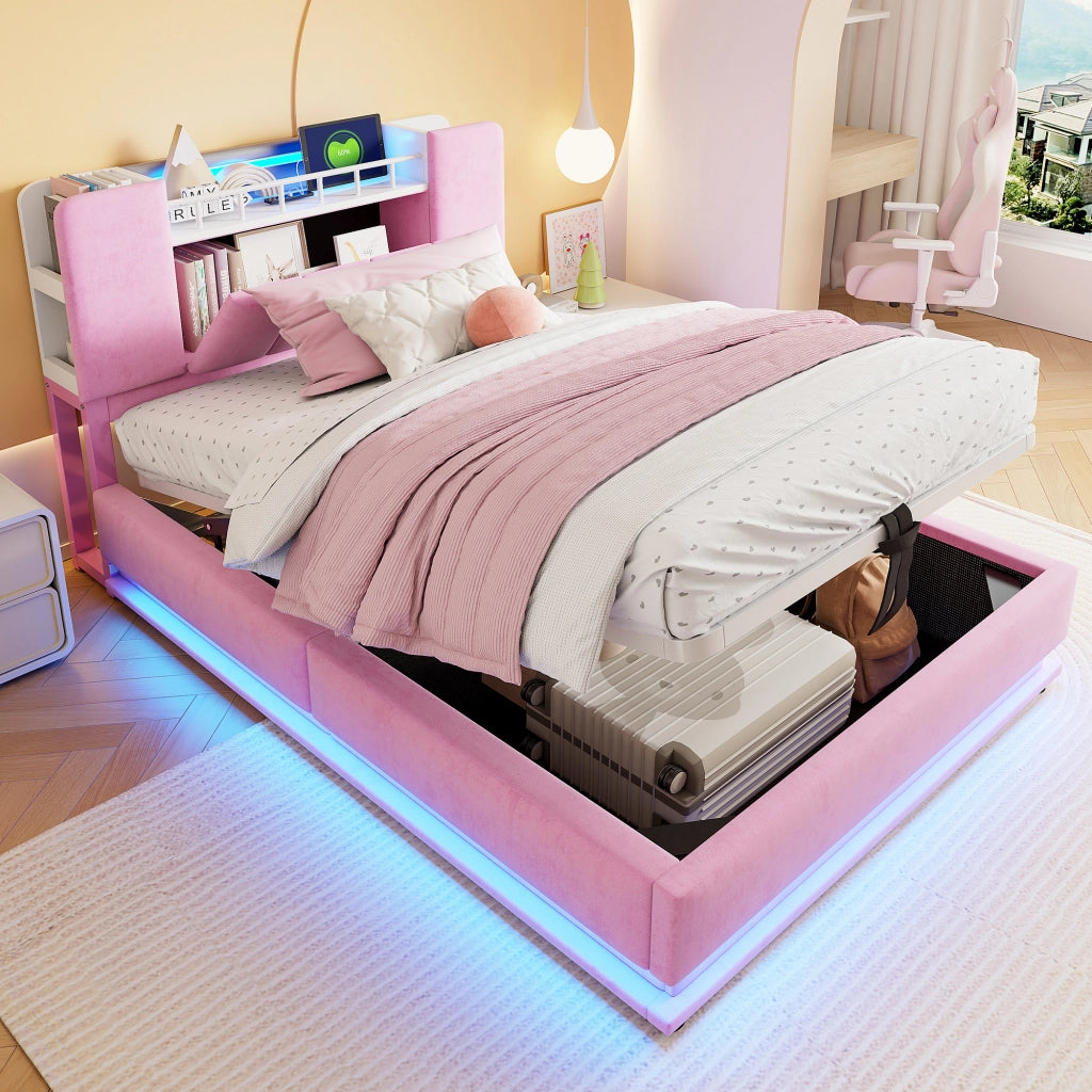 Letto per bambini imbottito 90x200 cm con LED; USB e vano contenitore idraulico; velluto rosa e metallo