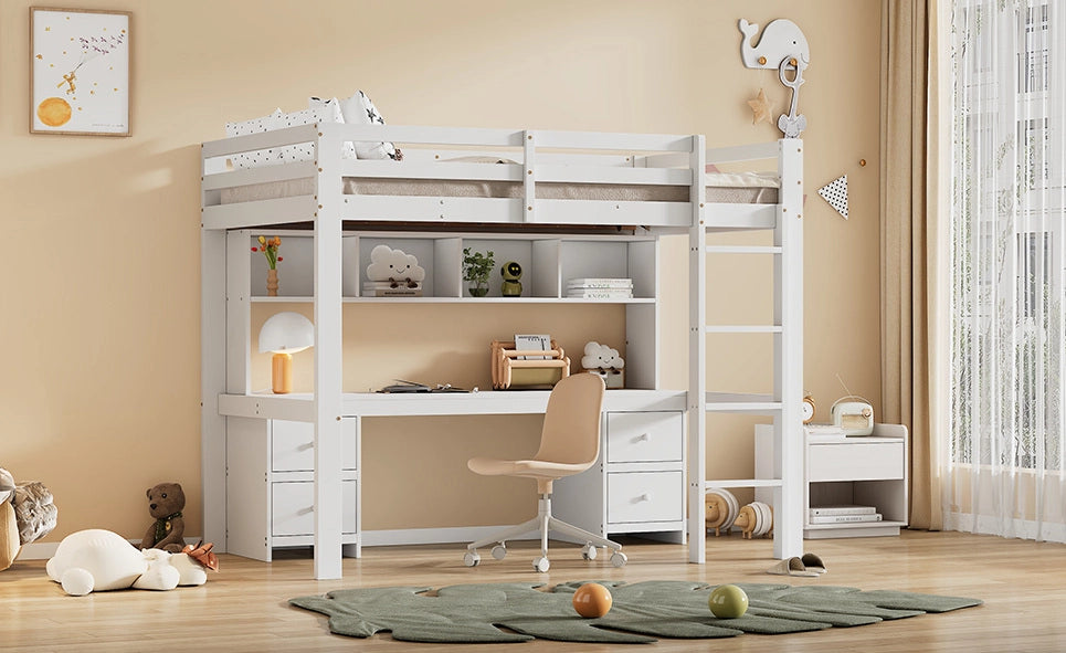 Letto a soppalco per bambini 90x200 cm in legno di pino bianco con scrivania e ampio spazio di stoccaggio
