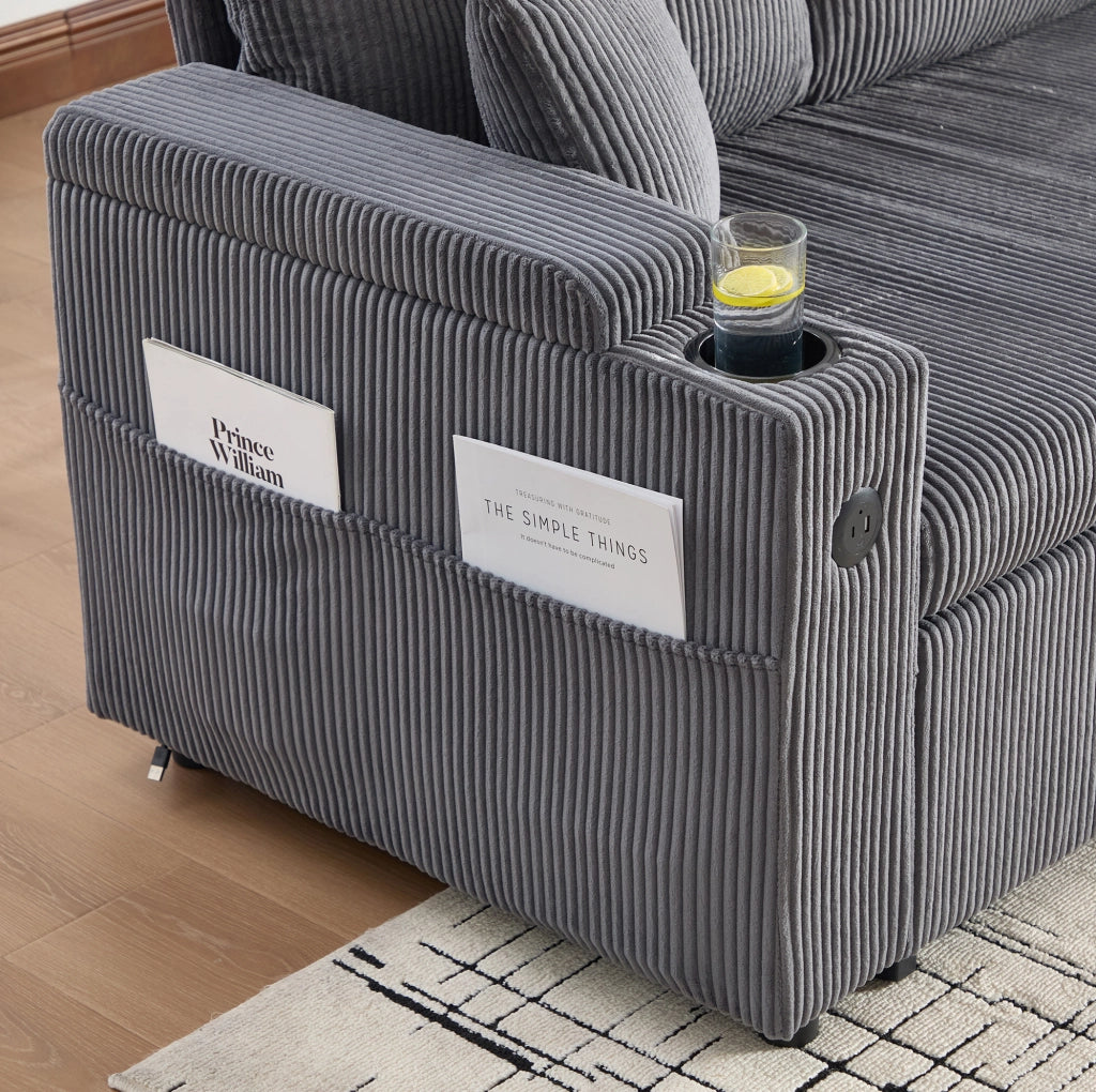 DIVANO 3 Posti con Chaise Longue Contenitore e Letto Estraibile in Velluto a Coste Grigio