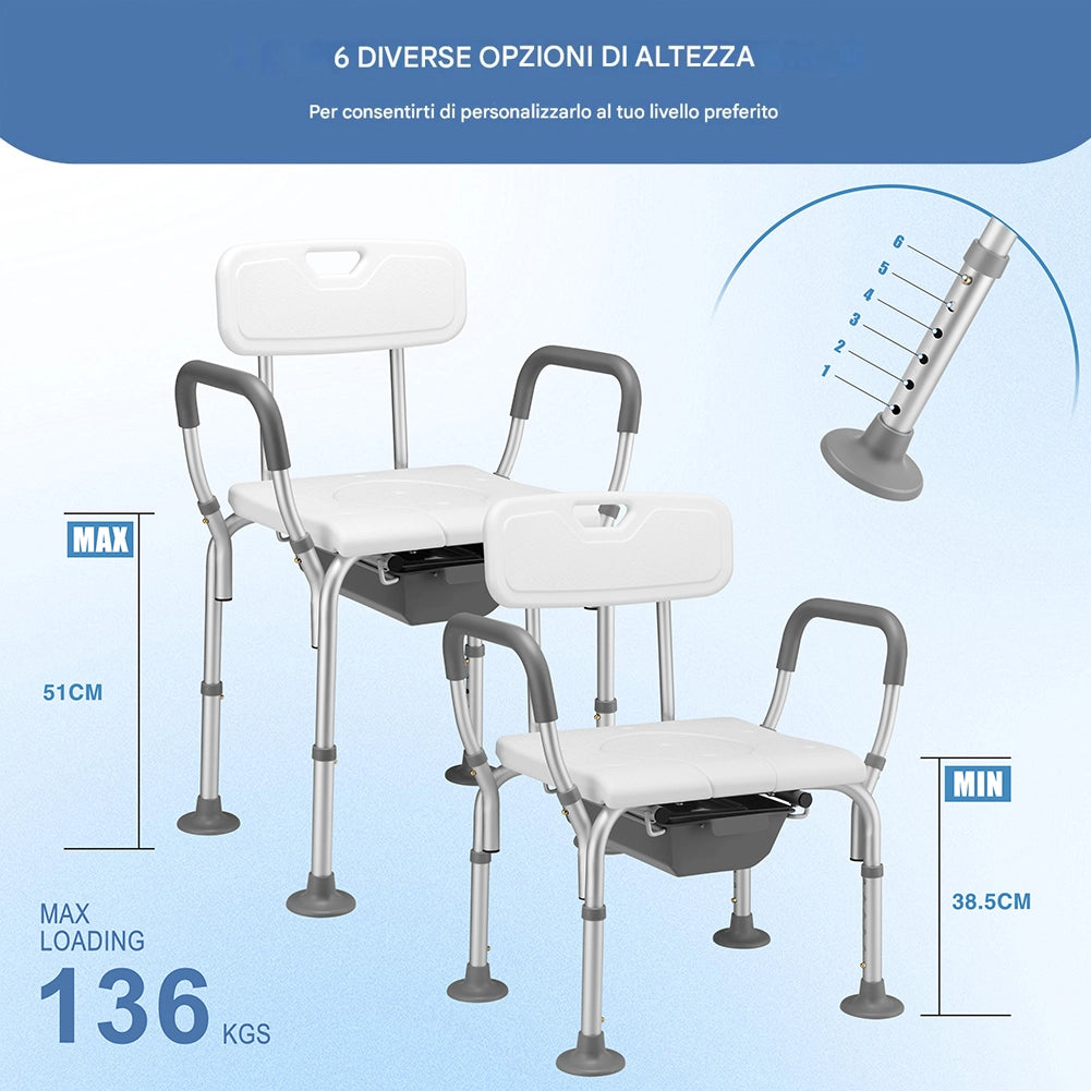 Sedia Sgabello WC Bagno in Alluminio per Anziani e Disabili Altezza Regolabile