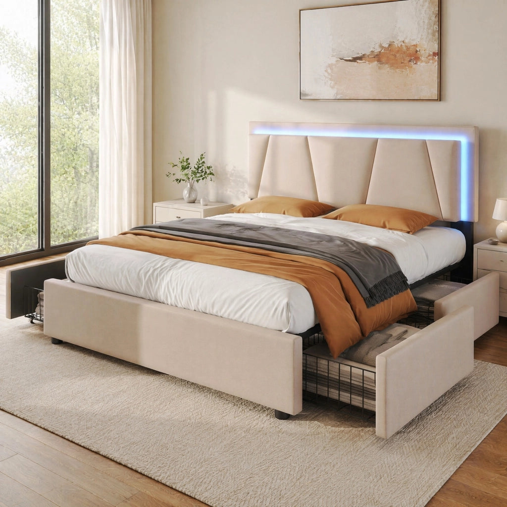Letto con cassetti 140 × 200 cm con testiera regolabile LED e rete a doghe in legno beige