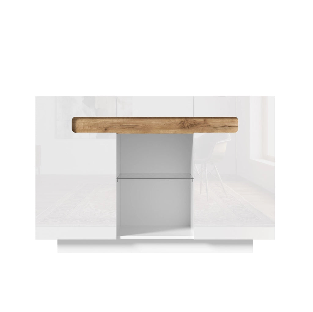 Credenza ULEVR 120x40x80 cm con LED regolabile via app, ripiani in vetro e vani aperti, bianco effetto legno naturale