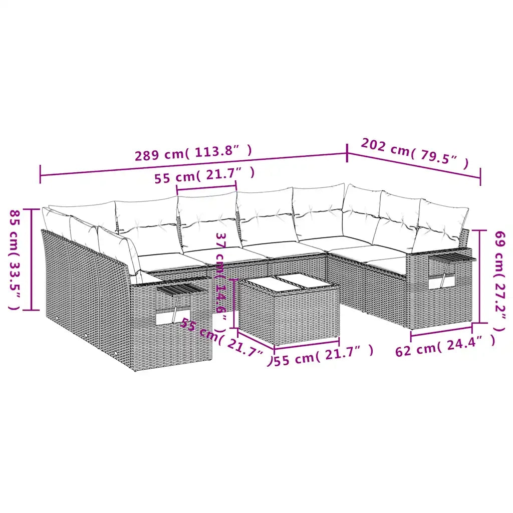 Set Divani da Giardino 10 pz con Cuscini Nero in Polyrattan 3220606