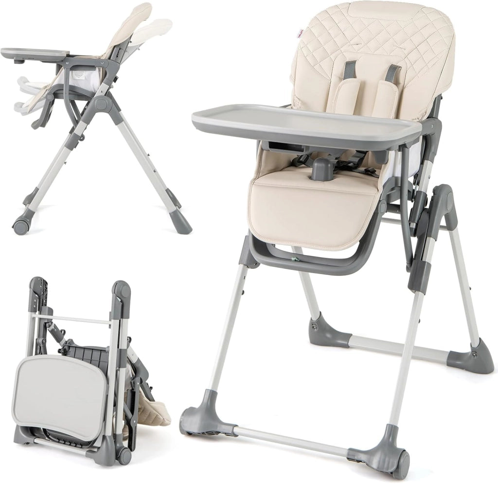 Seggiolone Pieghevole per Bambini, Portatile Regolabile con Poggiapiedi, Seggiolone con Vassoio Staccabile, Cuscino Sede in PU, Cintura di Sicurezzae Ruote Incorporate, Portata 15 kg (Beige)