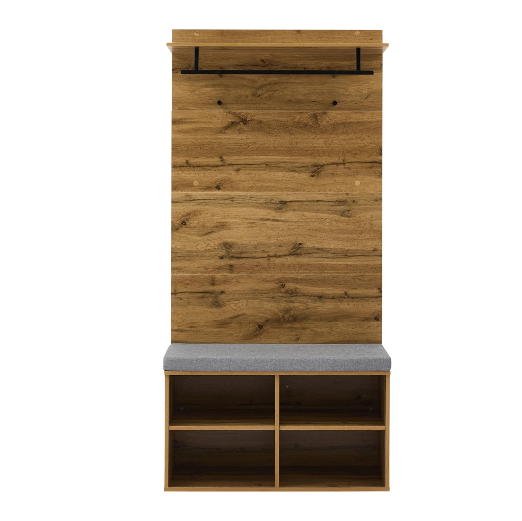 Set guardaroba 175 cm in effetto legno con panca porta scarpe imbottita, ripiano regolabile e asta appendiabiti - 84 x 32 cm
