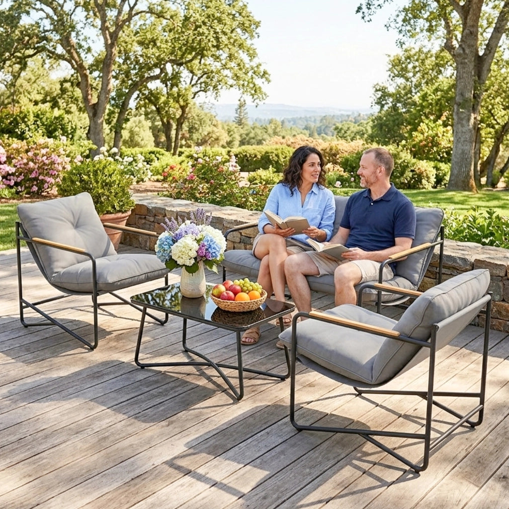 Set 4 Pezzi Salotto da Giardino con Divano 2 Posti e 2 Poltrone con Cuscini in Metallo e Texteline Grigio Chiaro